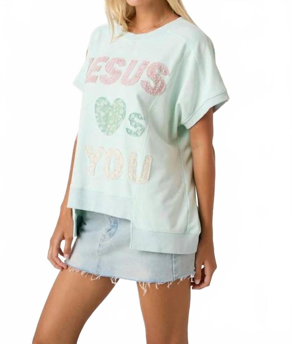 NEW MITTOSHOP jesus loves you patchwork oversized top in sage green